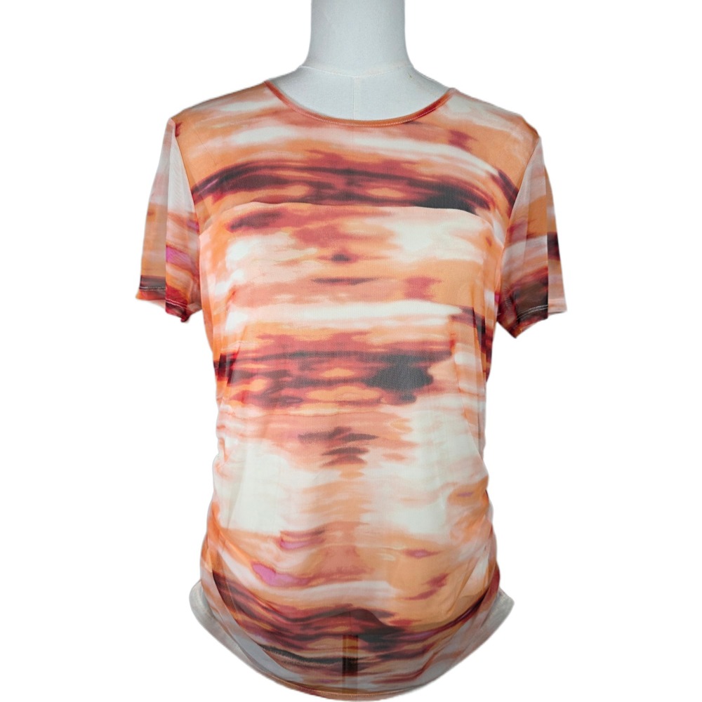 DKNY Women's Size L(fits like M) Orange Abstract Ruched Mesh Short-Sleeve Top